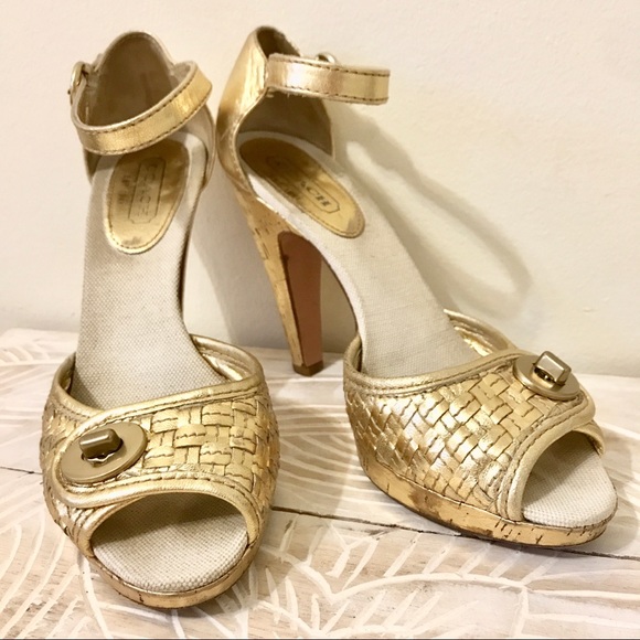 Coach Dianah Metallic Gold Cork Strap Pumps Heels - Picture 3 of 8